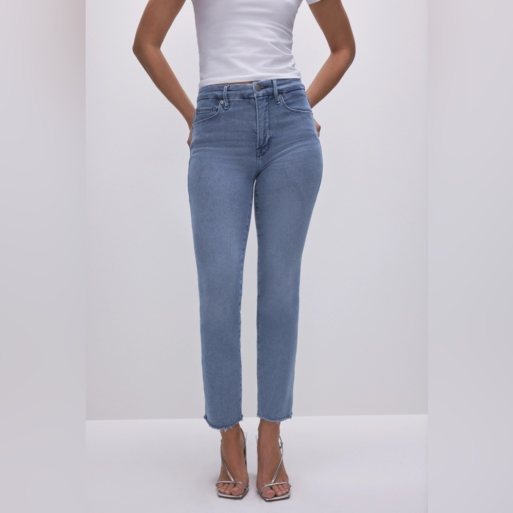 Good American Good Legs Straight High Rise Jeans in Distressed Blue, Size 4/27 - Picture 4 of 16